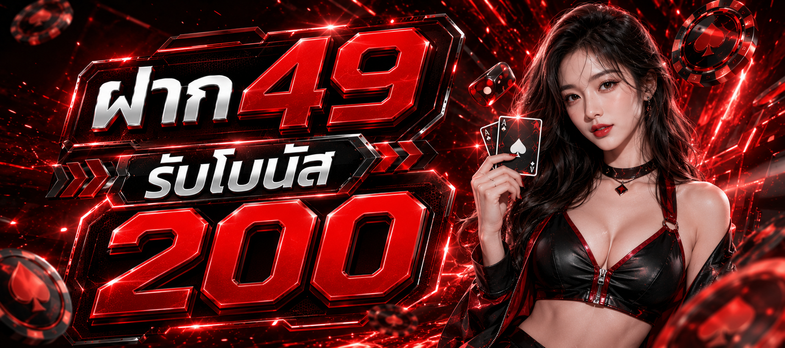 TUNDER24HT ฝาก 49 รับโบนัส 200 โปรโมชั่นคาสิโนออนไลน์ พร้อมสาวถือไพ่ธีมแดงดำ